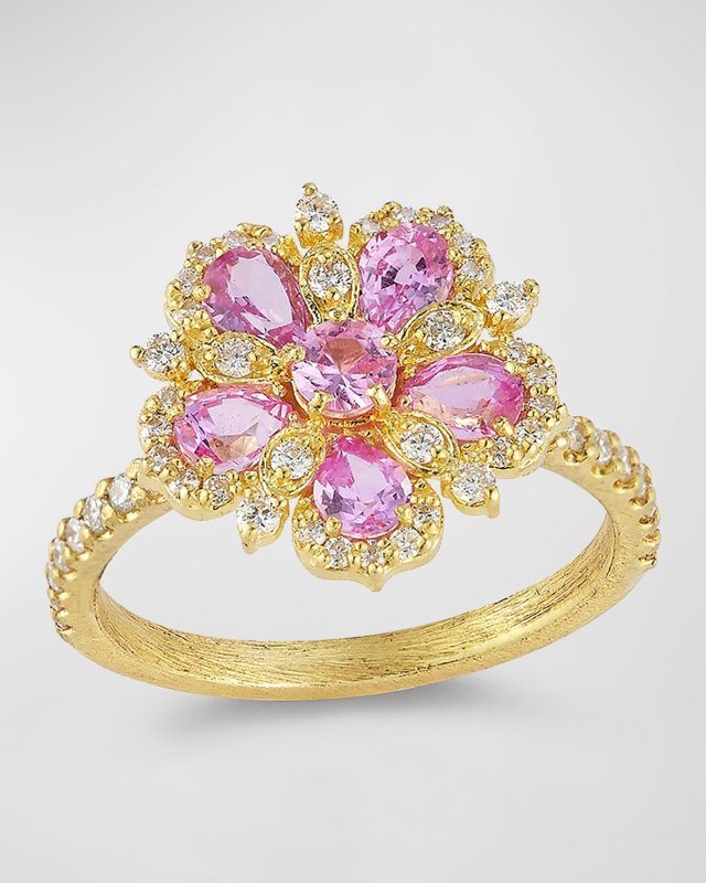18k Yellow Gold Jasmine Bloom Pink Sapphire & White Diamond Ring